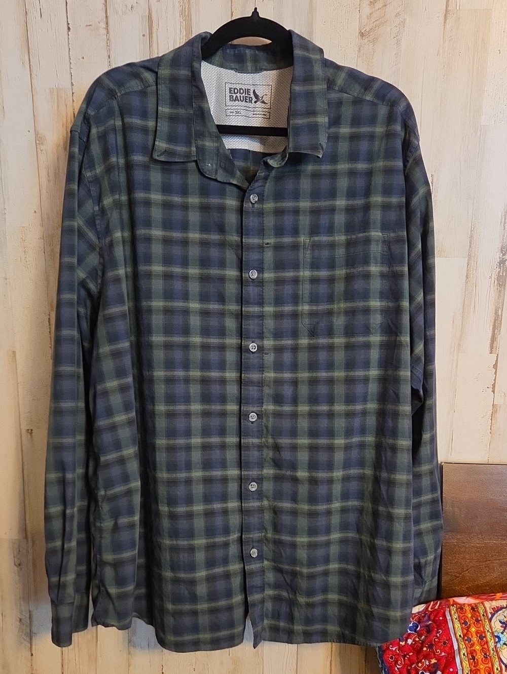 Eddie Bauer Men's Blue and Green Plaid Button-Down Shirt